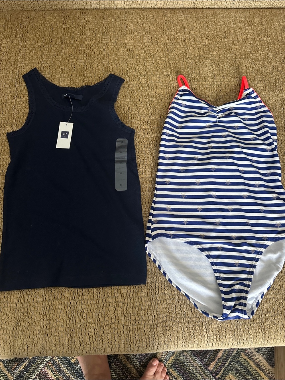GAP Blue & White Striped One-Piece Swimsuit with Coral Straps